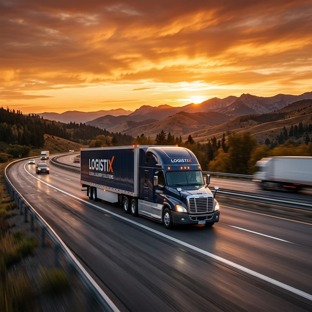 Performance Express Land Cargo Transport semi-truck at sunset