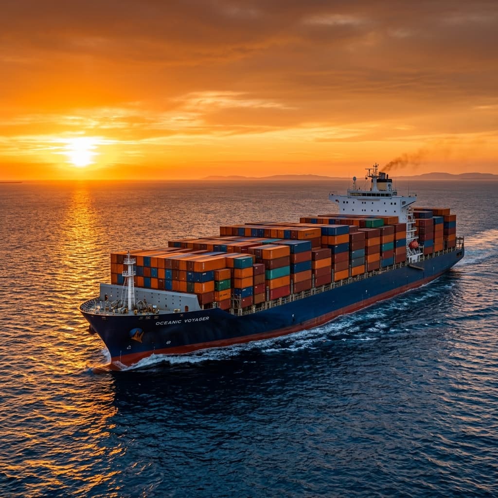 Performance Express Logistics cargo ship with containers at sunset